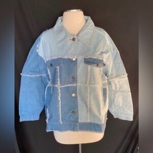 Women’s Color Block Frayed Hem Denim Jacket Large